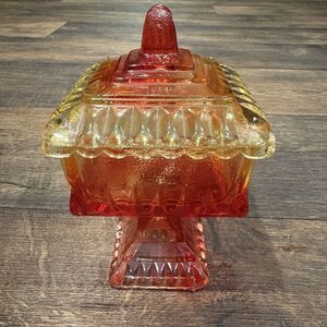 Vintage Amberina Glass Covered Pedestal Square Wedding Box Candy / Trinket Dish